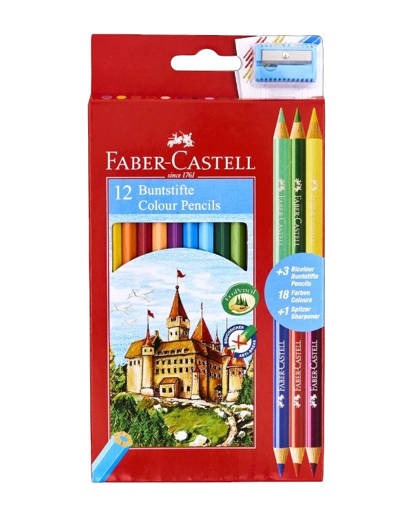 Цветни моливи Faber-Castell 12 цвята + 3 двувърхи, с острилка