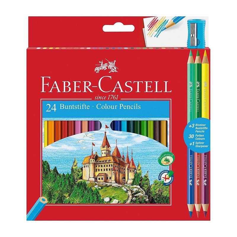 Цветни моливи Faber-Castell 24 цвята + 3 двувърхи, с острилка