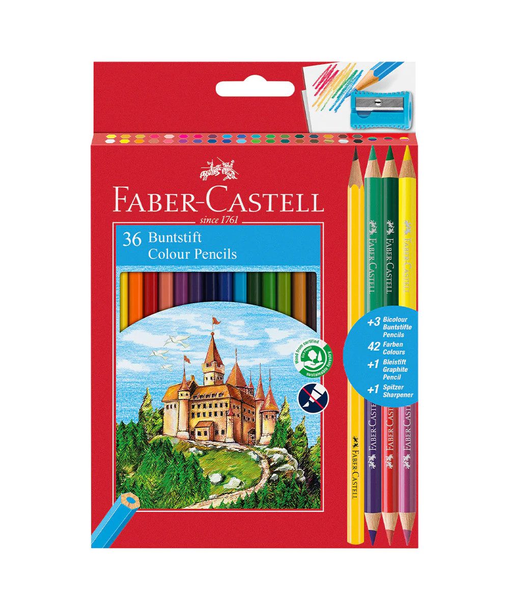 Цветни моливи Faber-Castell 36 цвята + 3 двувърхи + 1 допълнителен цвят, с острилка